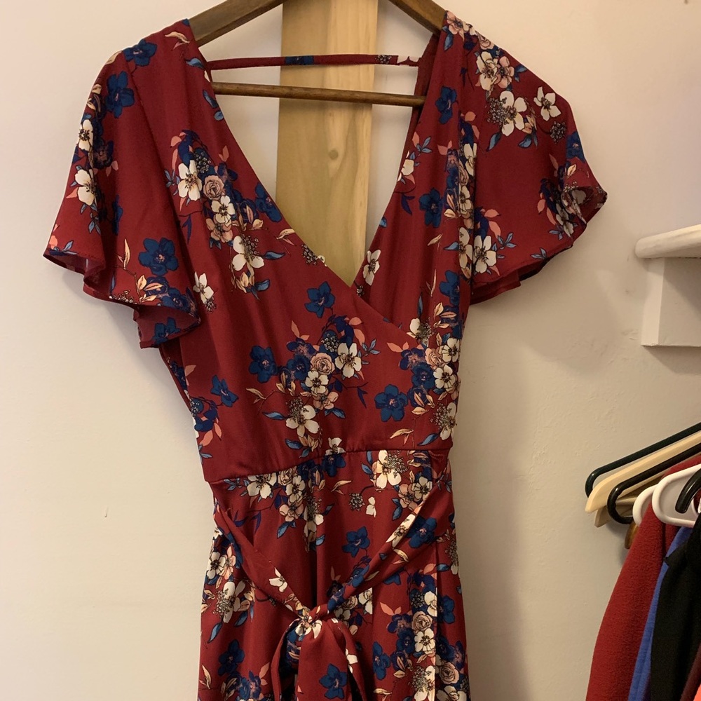 Dillard’s burgundy with flowers dress.